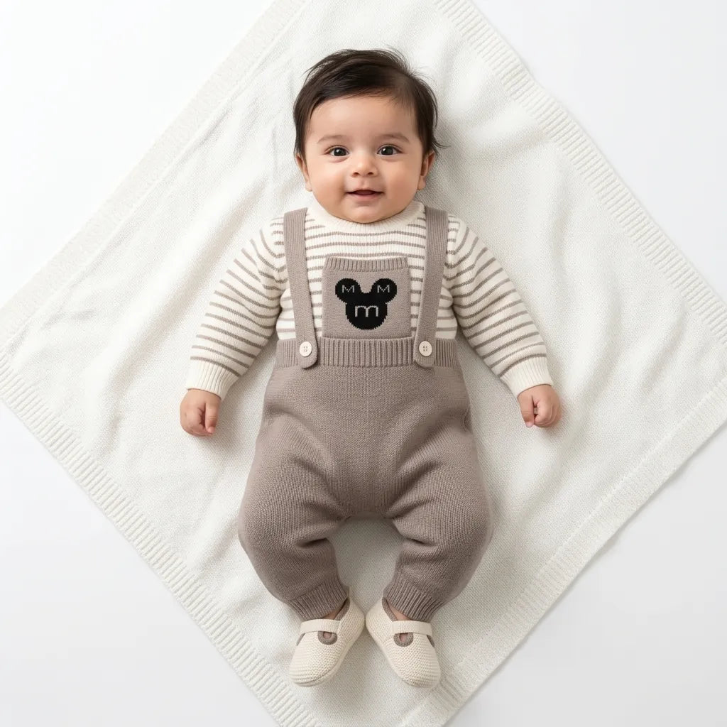 Winter Taupe Mickey Dangri Romper (Size 0 - 18 Months)