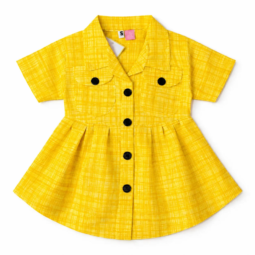 Summer Girls Frock - Yellow Cotton Button Design (Ages 2-5)