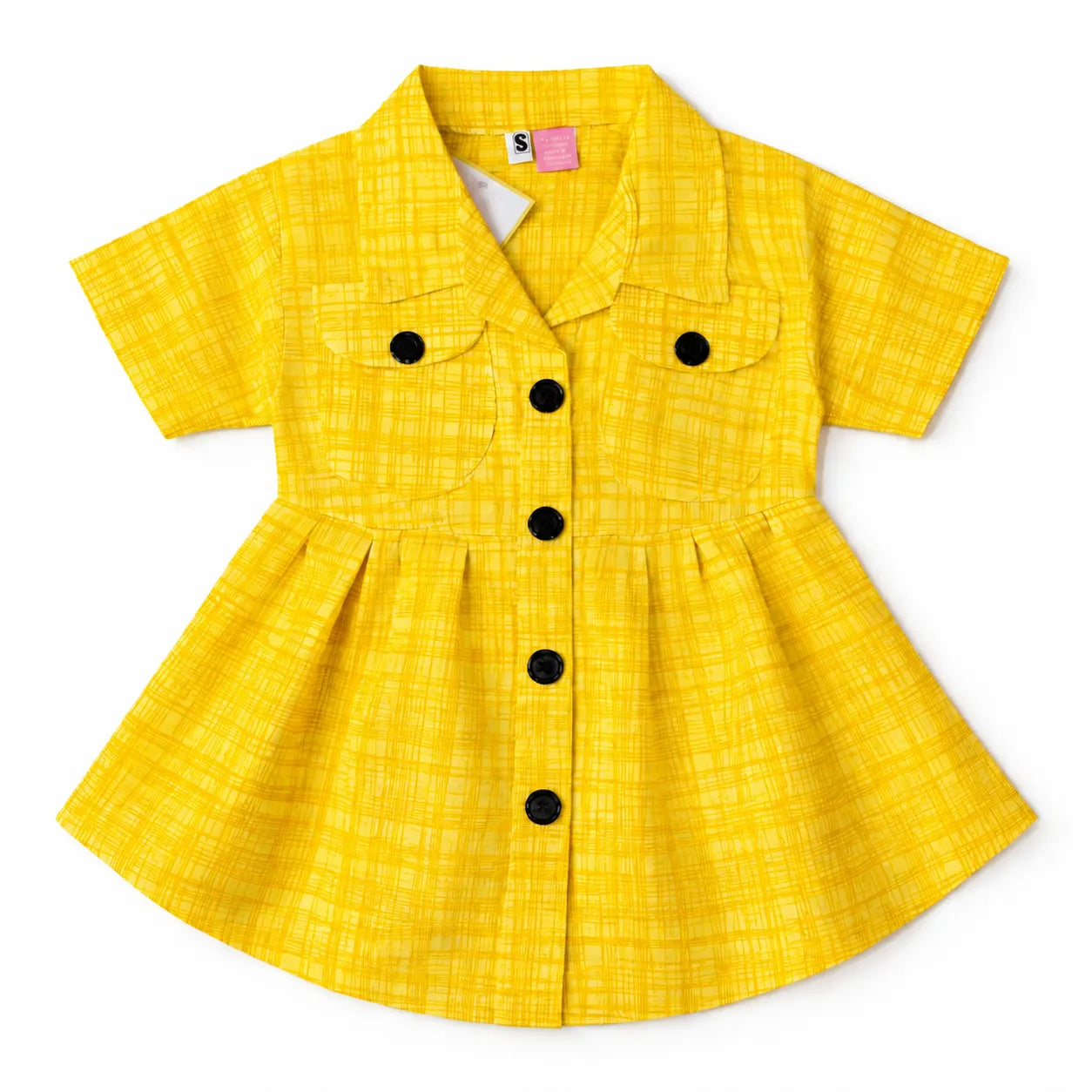 Summer Girls Frock - Yellow Cotton Button Design (Ages 2-5)