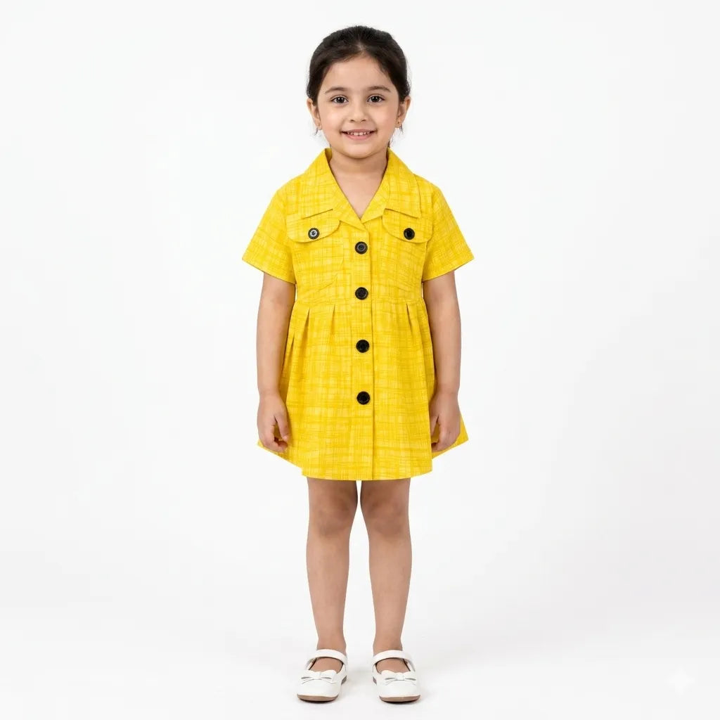 Summer Girls Frock - Yellow Cotton Button Design (Ages 2-5)