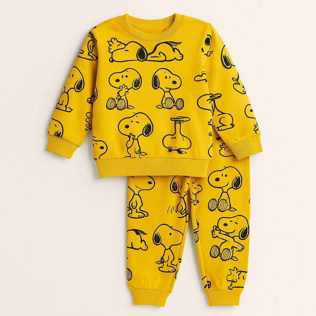 Yellow Cartoon Dog Print Kids Winter Fleece Tracksuit for Boys – Sweatshirt and Trouser Set (1-12 Years)

