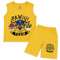 Yellow paw team print sleeveless summer coord set for kids from lilcubspk, featuring bright yellow fabric and playful design.
