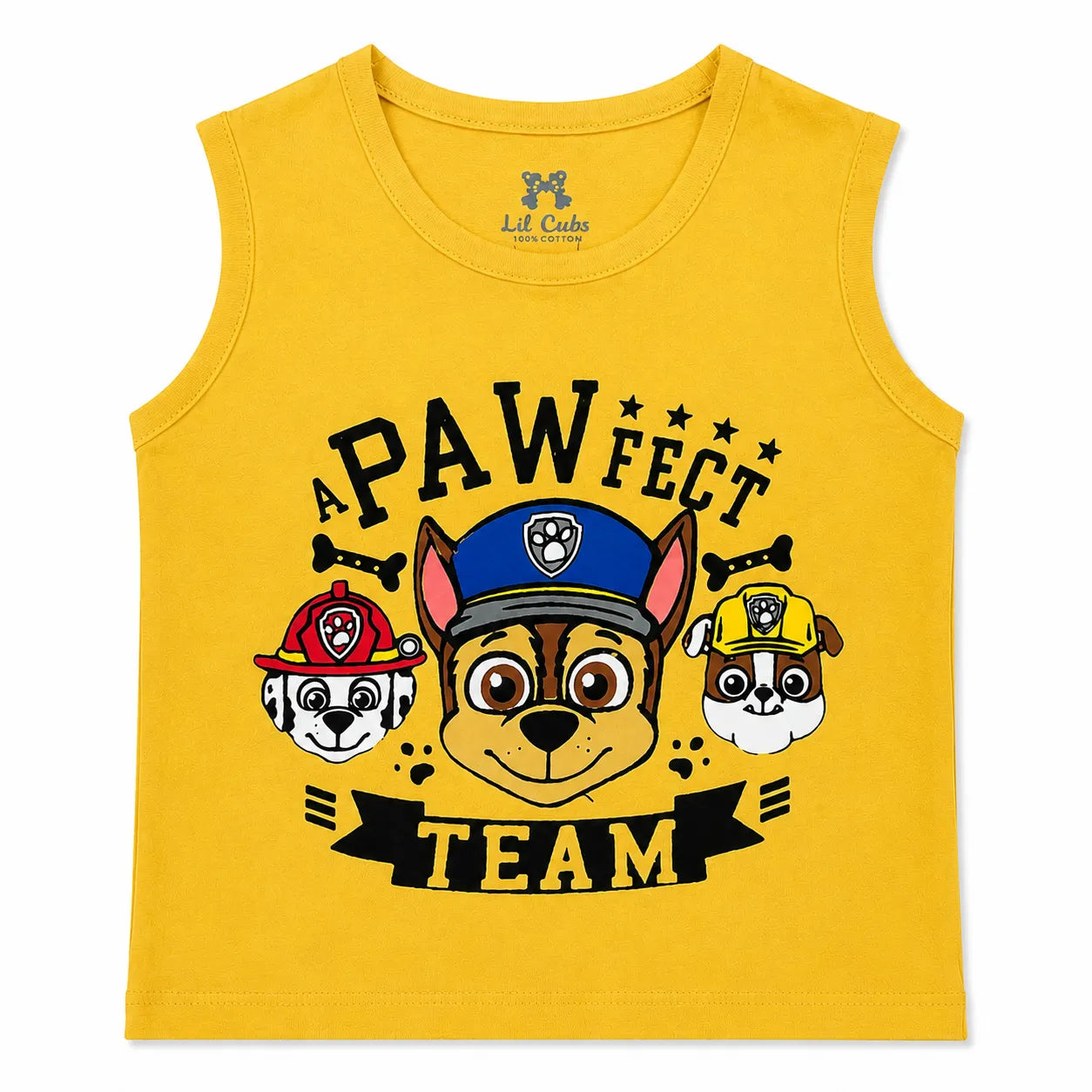 Yellow Paw Team print sleeveless summer coord set for kids by lilcubspk, featuring a bright yellow design for ages 1-12.