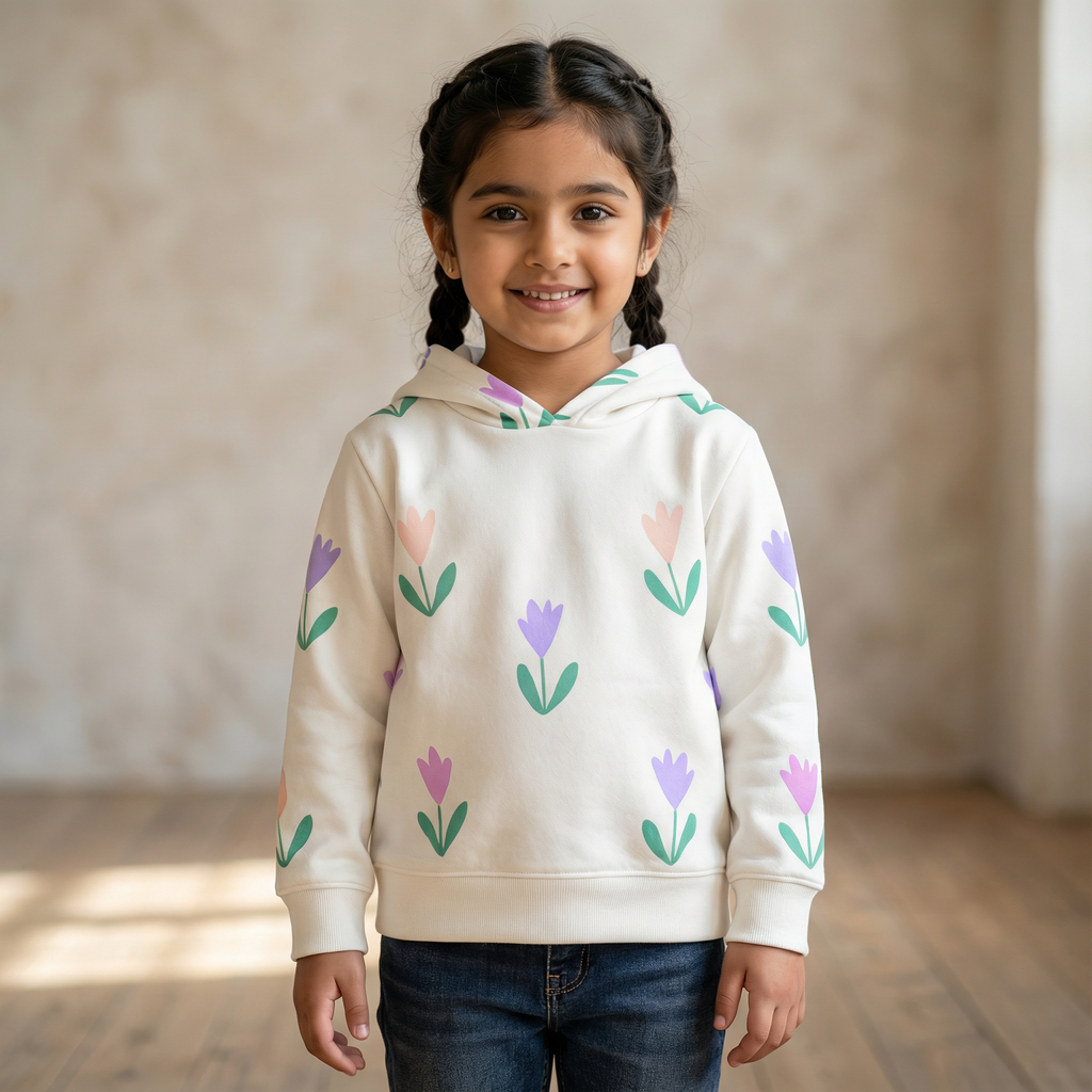 White Fleece Floral Print Hoodie