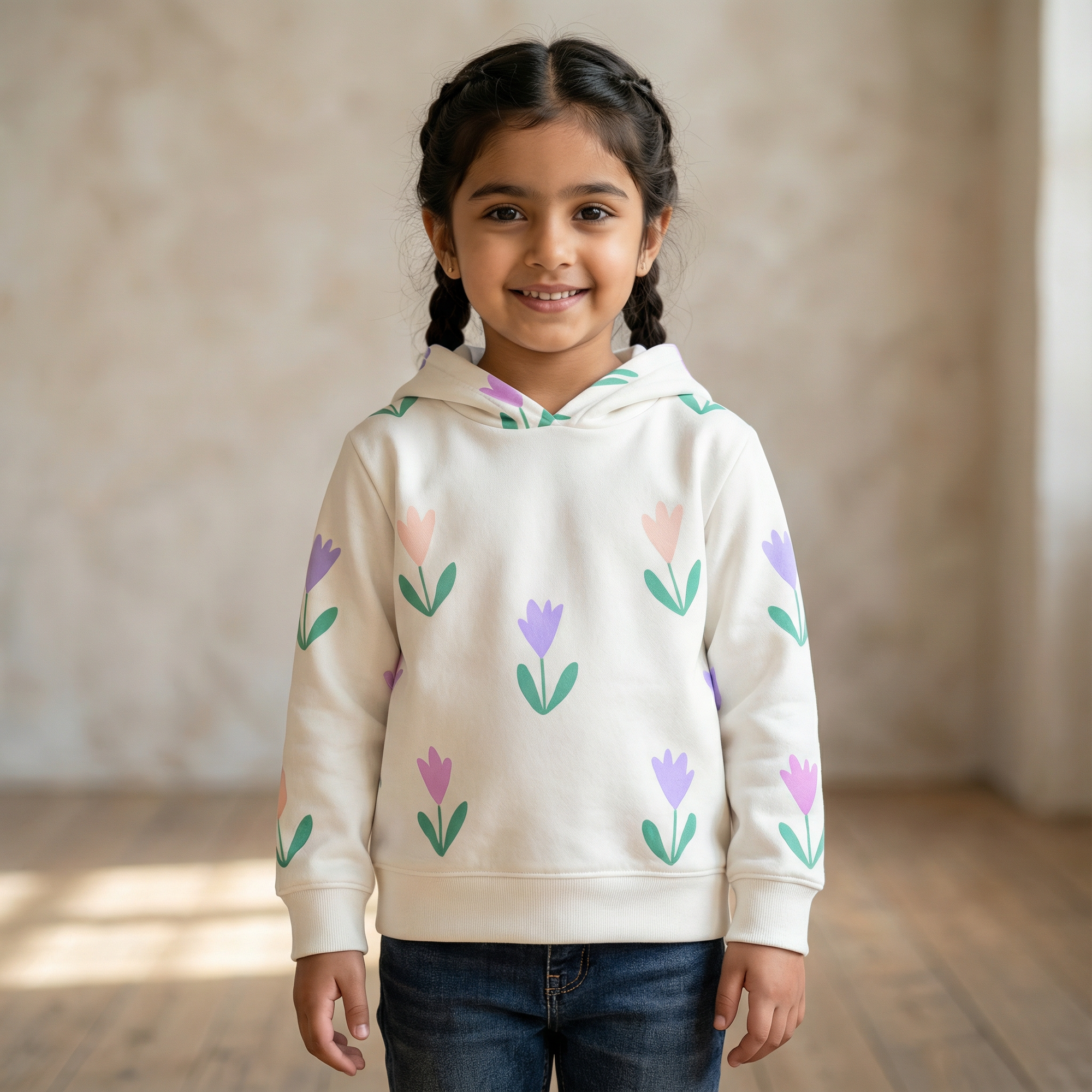 White Fleece Floral Print Hoodie