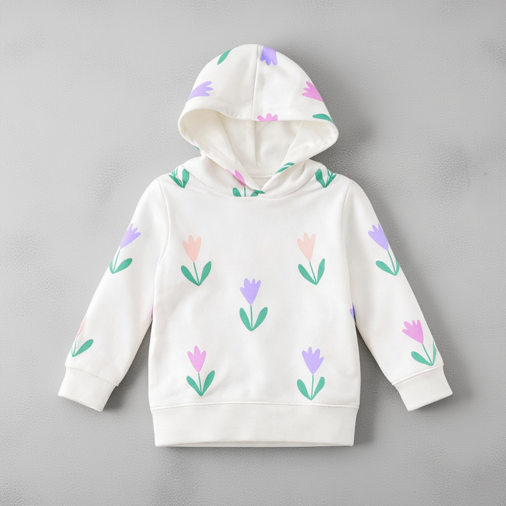 White Fleece Floral Print Hoodie