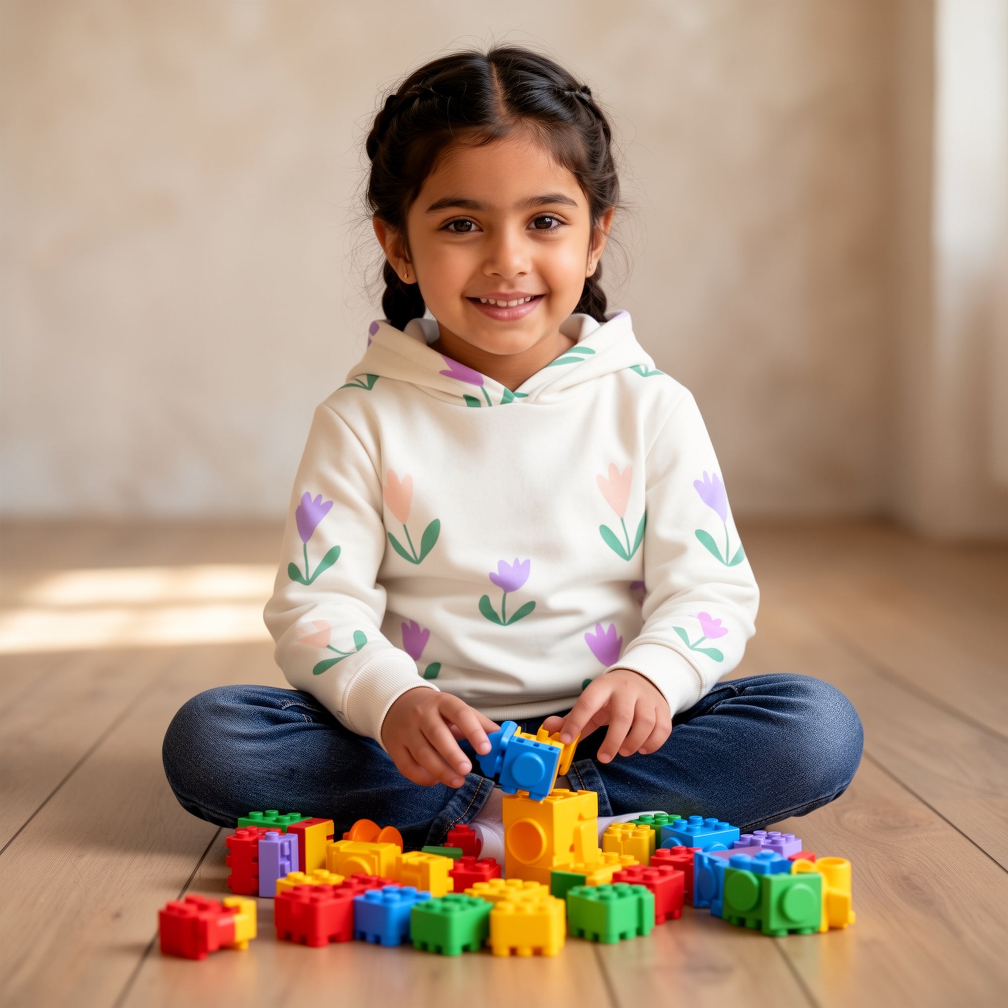 White Fleece Floral Print Hoodie