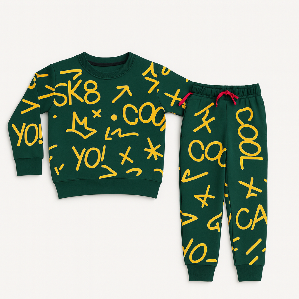 Lil' Cubs Cool SK8 graffiti winter tracksuit for boys, fleece trousers with colorful graffiti design, suitable for ages 1-12 years.