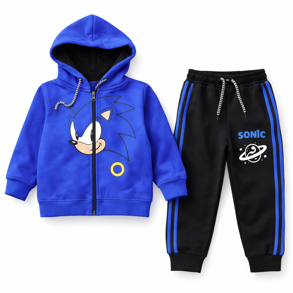 Blue Sonic Zipper Coord Set from lilcubspk, a two-piece fleece outfit featuring a zip-up top and matching pants.