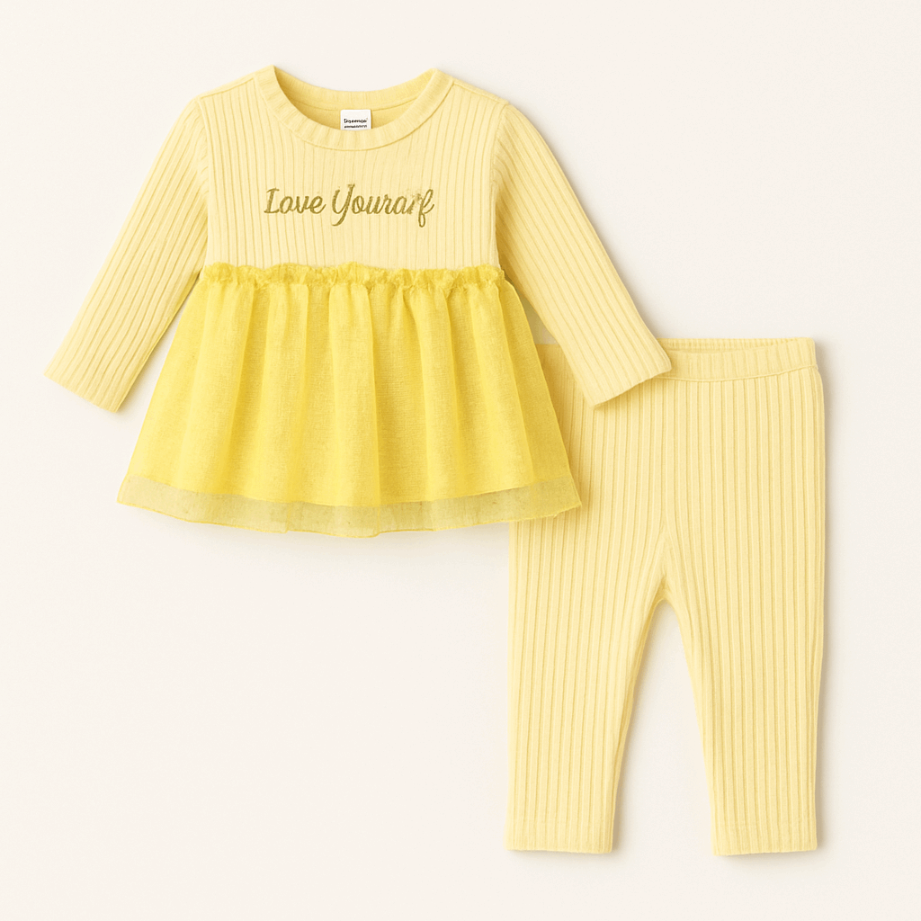 Girls 2-Piece Ribbed Tunic & Leggings Set – Yellow with Tulle Skirt (1–2 Years)