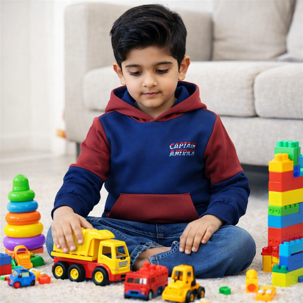 Blue and Red Fleece Captain Awesome Print Hoodie