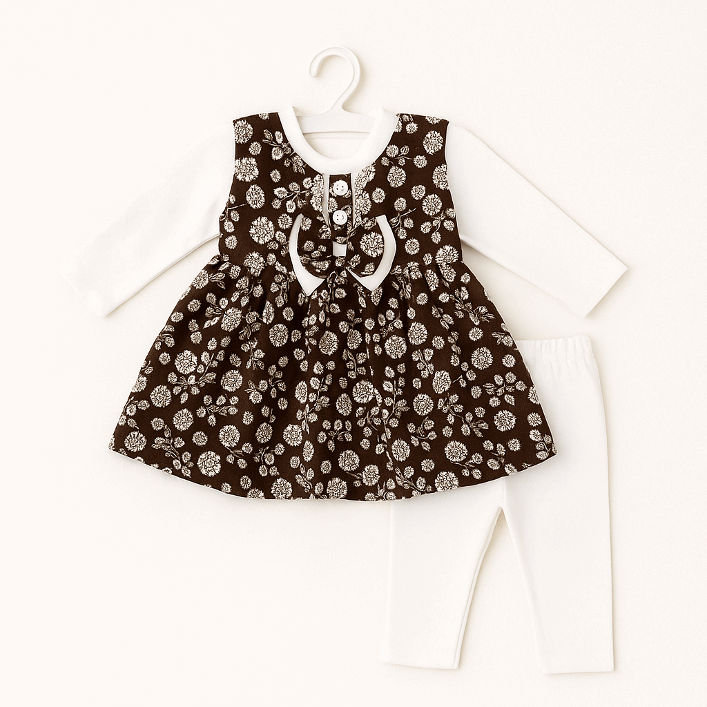 Brown Floral Corduroy Frock 3-Piece Set for Girls