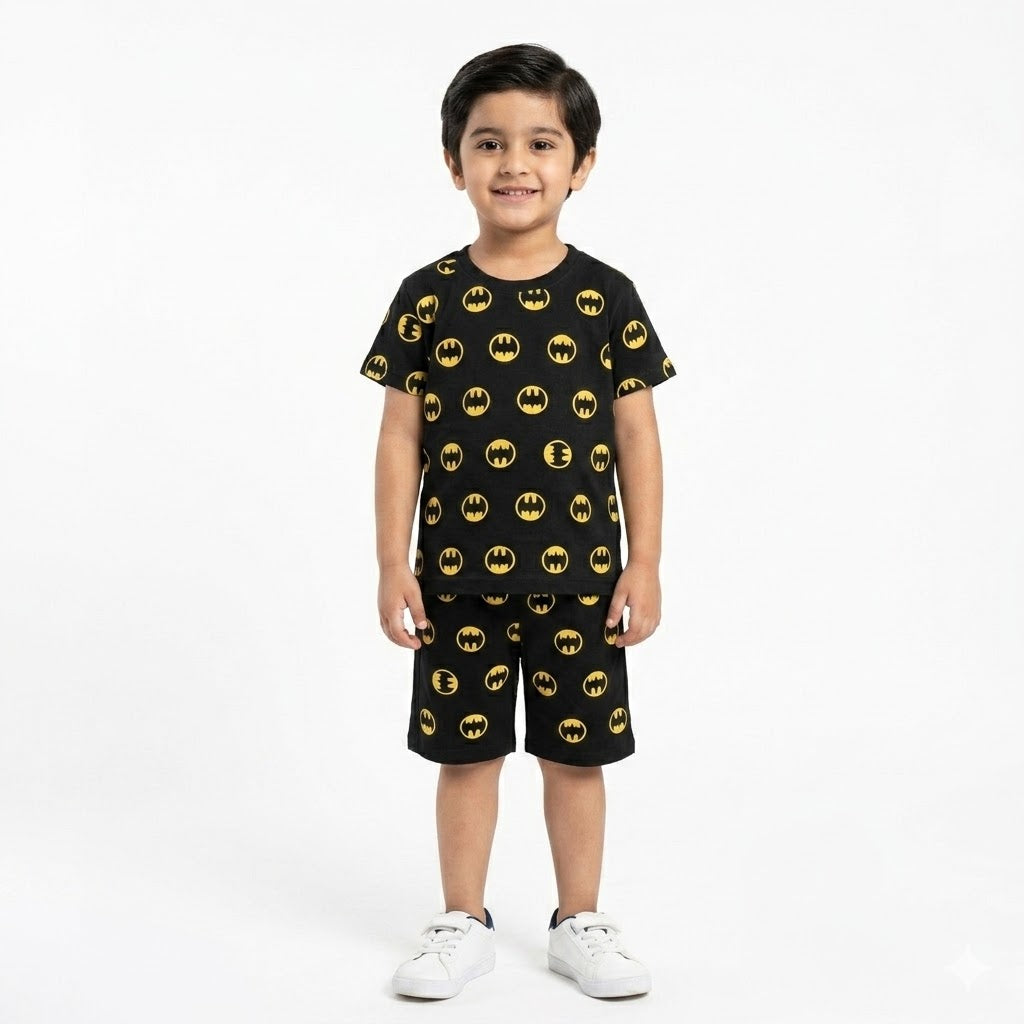 Black Batman print summer boys' coord set by lilcubspk, featuring a playful Batman design on a comfortable matching top and shorts.