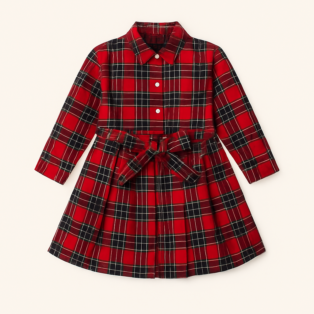 Classic Red Plaid Belted Dress – Girls (2–8 Years)