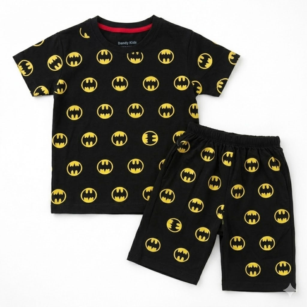 Black Batman print boys summer coord set by lilcubspk featuring a short-sleeve top and matching shorts for ages 1-12 years.