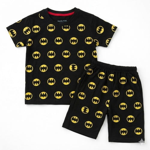 Black Batman print boys summer coord set by lilcubspk featuring a short-sleeve top and matching shorts for ages 1-12 years.