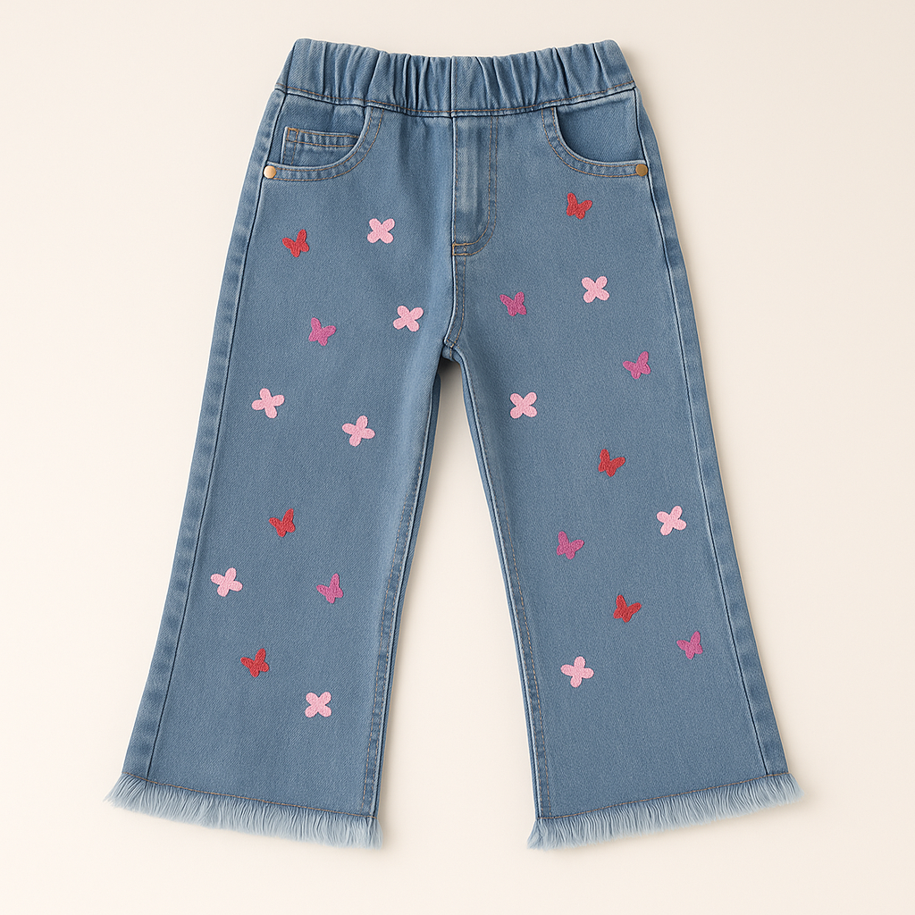 Lil' Cubs Denim Dreams Girls’ embroidered Hello Kitty jeans with colorful Hello Kitty details for ages 1 to 12.