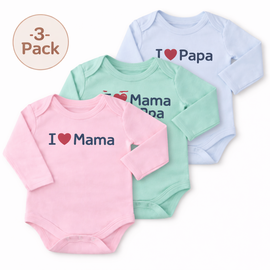 Three printed newborn bodysuits from Lil' Cubs Mama & Papa Love set, featuring cute designs for infants.