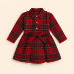Classic Red Plaid Belted Dress – Girls (2–8 Years)