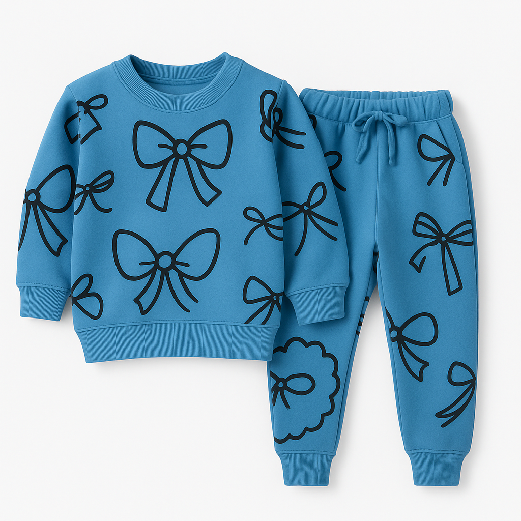 ✨ Kids’ Bow Print Tracksuit Set – Soft Blue (1–12 Years)