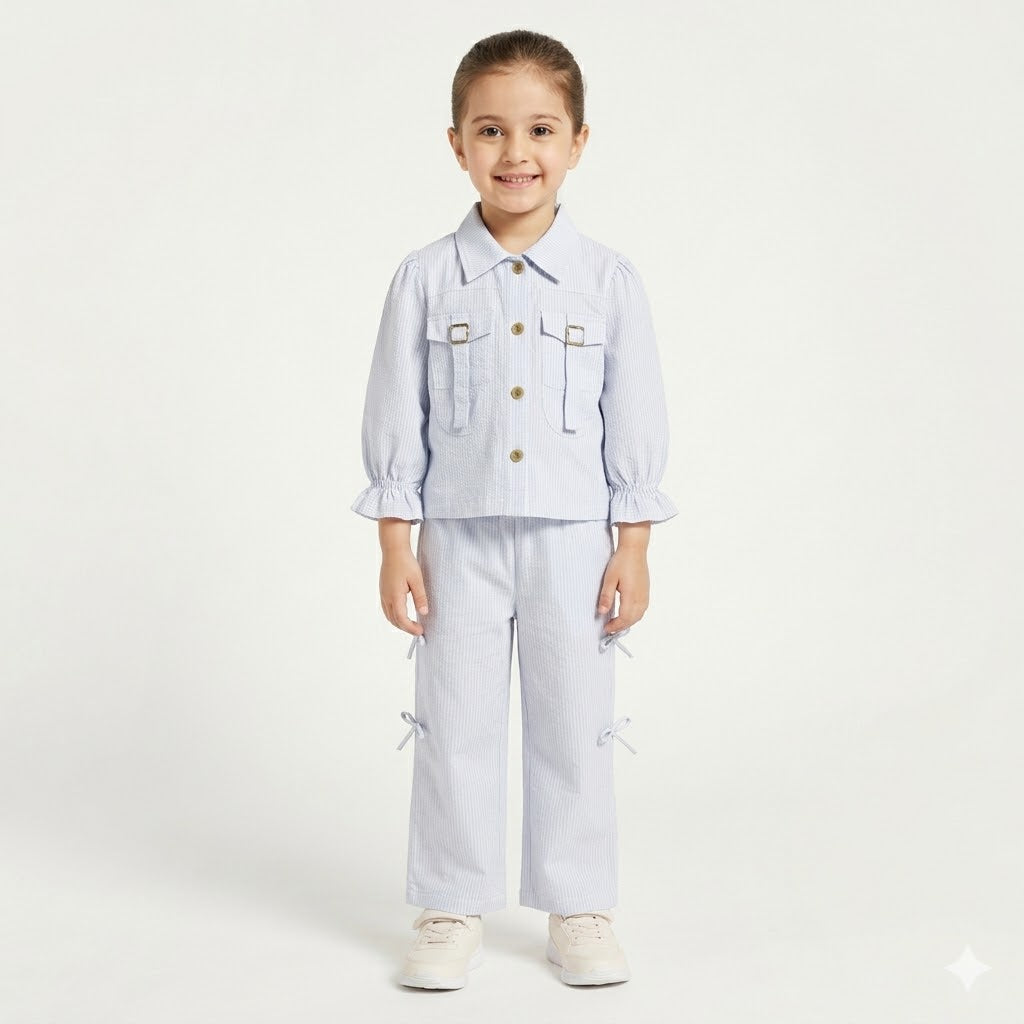 Girls blue cotton summer coord set for kids, 2-piece outfit by Lil' Cubs featuring a sleeveless top and shorts.