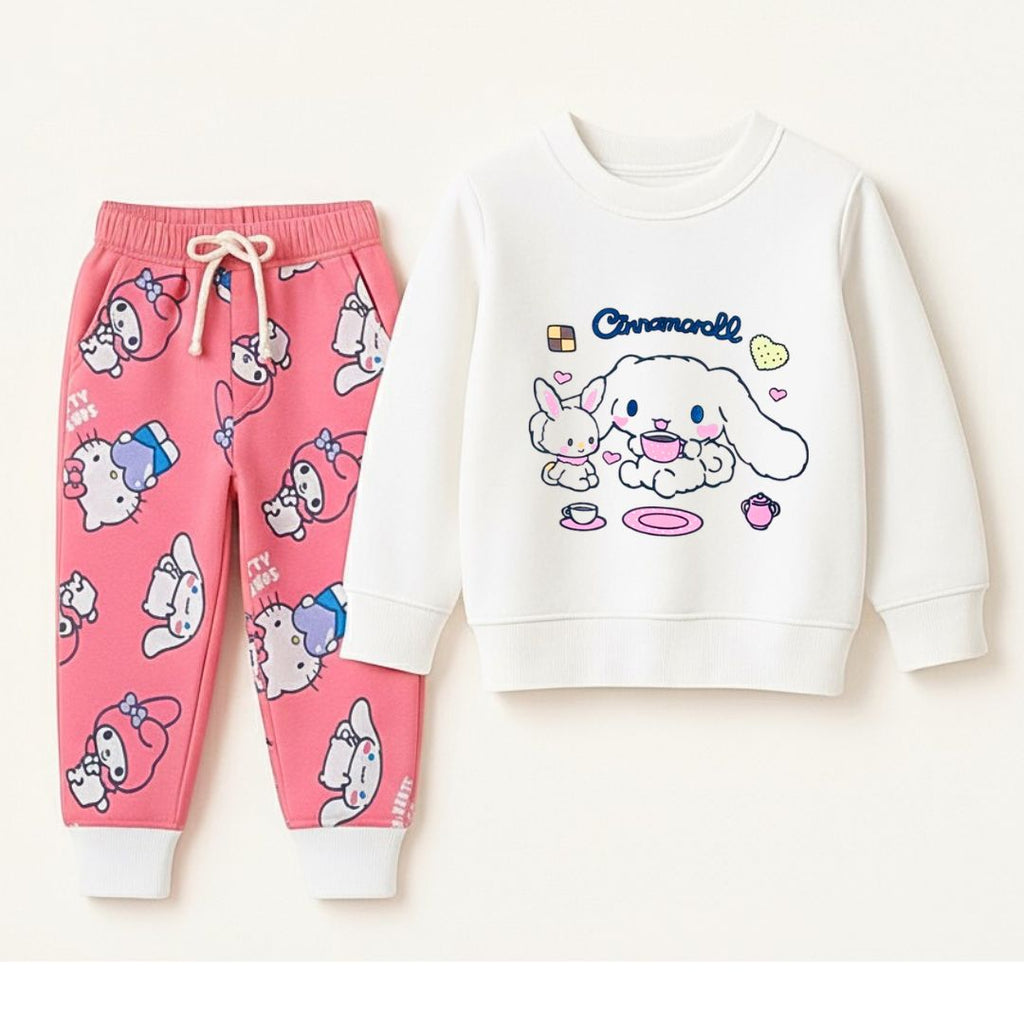 Pink Kitty Jogger & White Bunny Sweatshirt Set – Cozy Winter Wear ( Size 1-12 Years )
