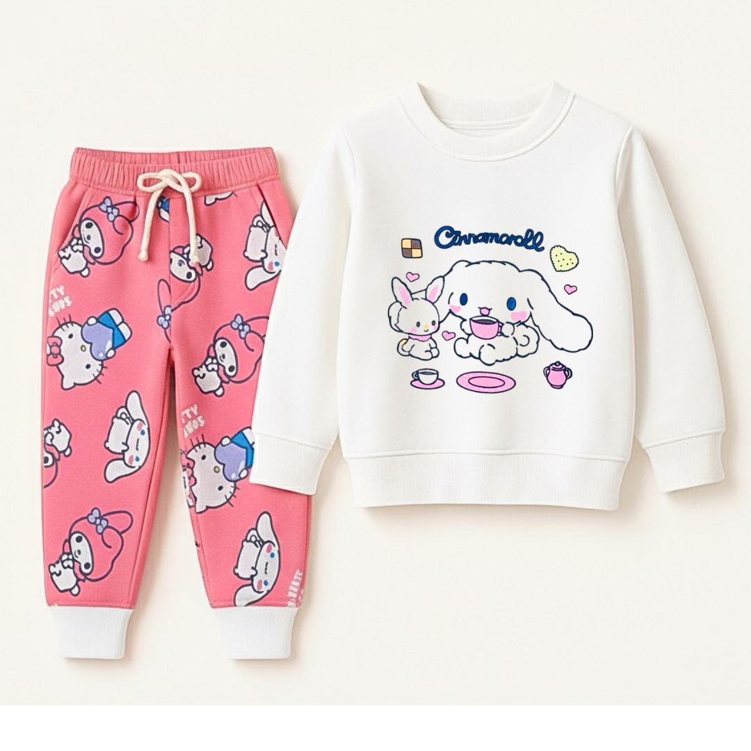 Pink Kitty Jogger & White Bunny Sweatshirt Set – Cozy Winter Wear ( Size 1-12 Years )