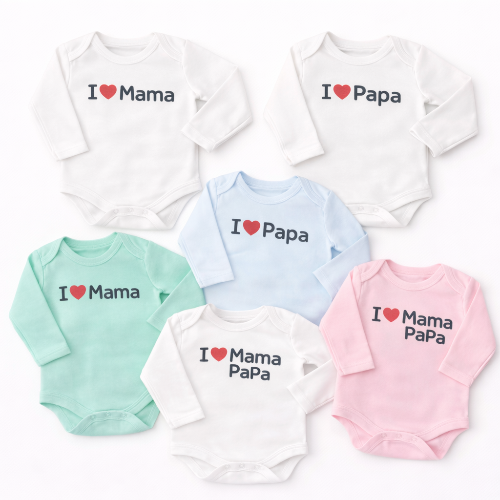 Set of three newborn printed bodysuits by Lil' Cubs featuring cute "Mama & Papa Love" designs for babies.