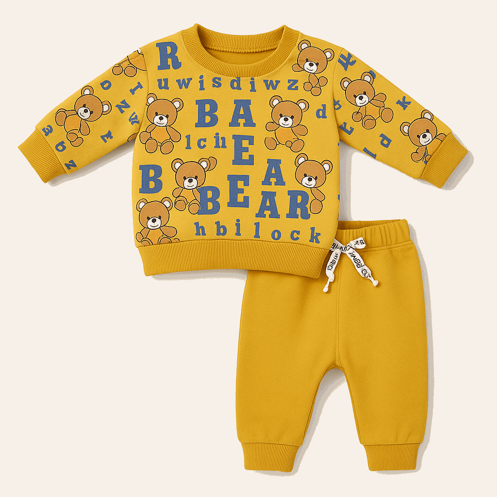 Teddy Bear Print Sweatshirt & Trouser Set – Mustard Yellow (1–2Y Boys)