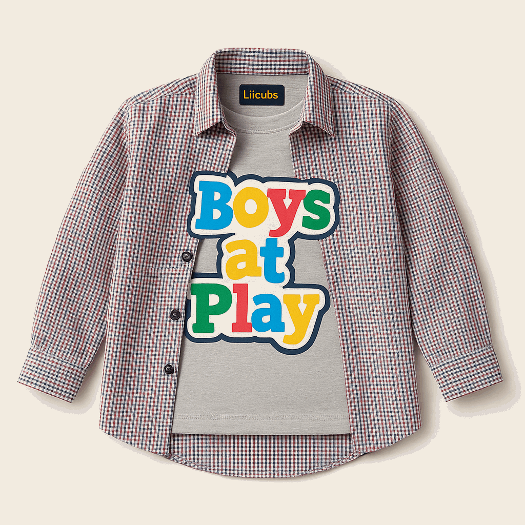 Boys at Play Double Shirt – Multicolor Mini Checked Shirt with Grey Boys at Play Tee | LilCubs