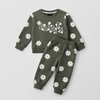 Kids Olive Green Daisy Printed Sweatshirt & Jogger Set – Soft Cotton Tracksuit