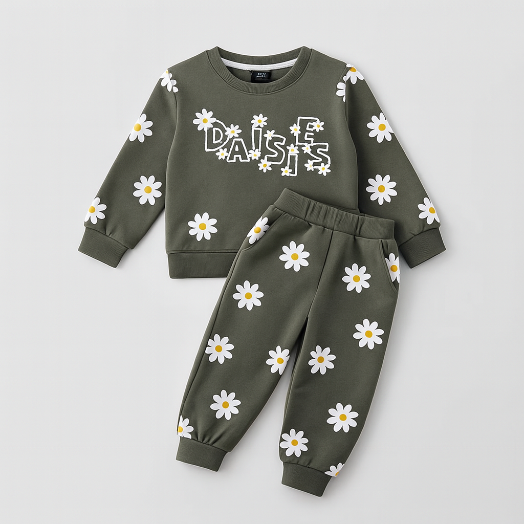 Kids Olive Green Daisy Printed Sweatshirt & Jogger Set – Soft Cotton Tracksuit