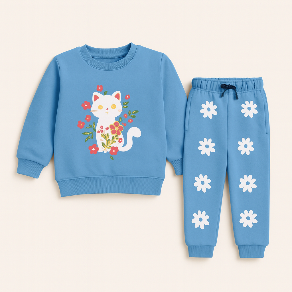 Floral Kitty Sweatshirt & Daisy Jogger Set – Girls 1–12 Years”