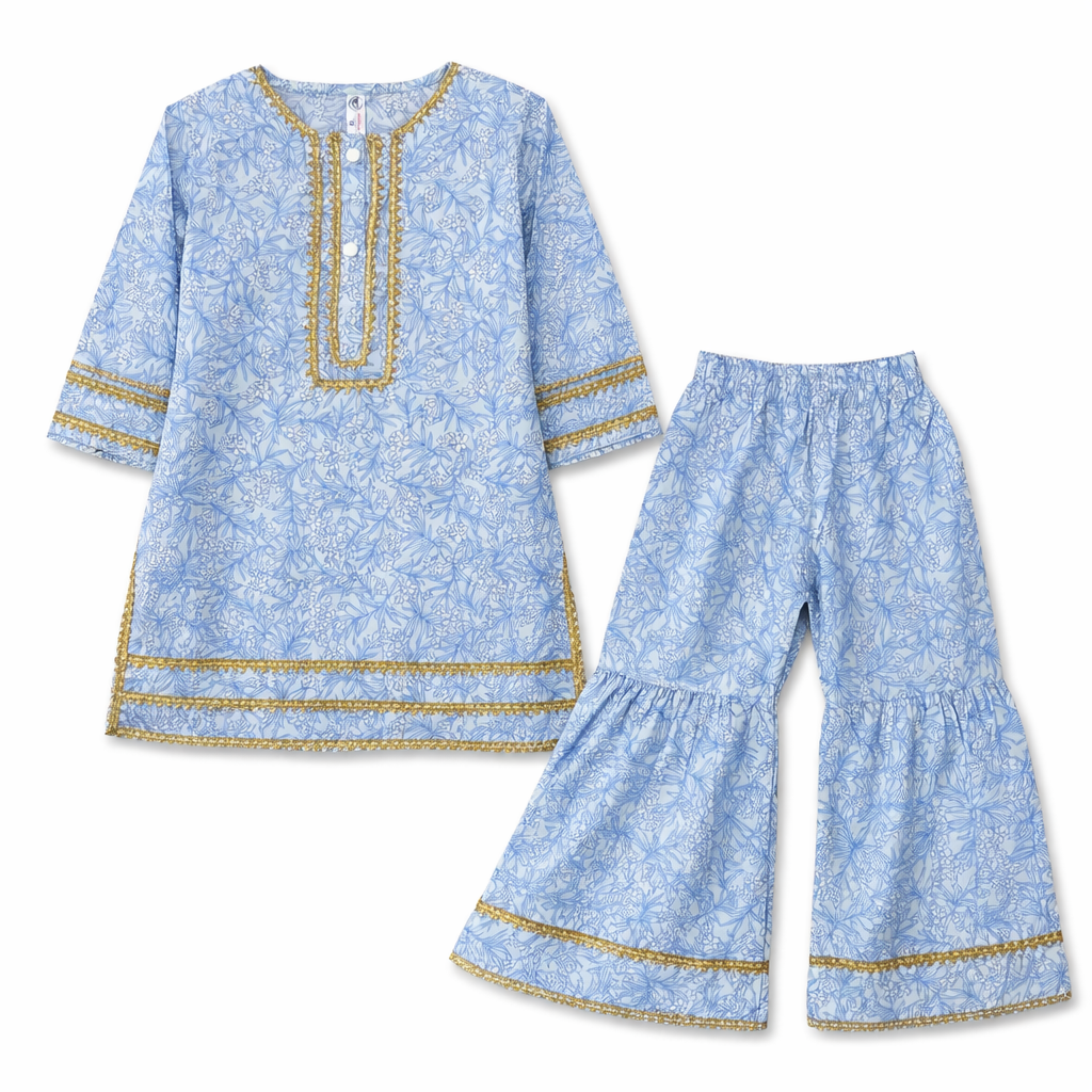 Sky Blue Floral Print Kurti Shahrara (2-Piece) - Lil' Cubs