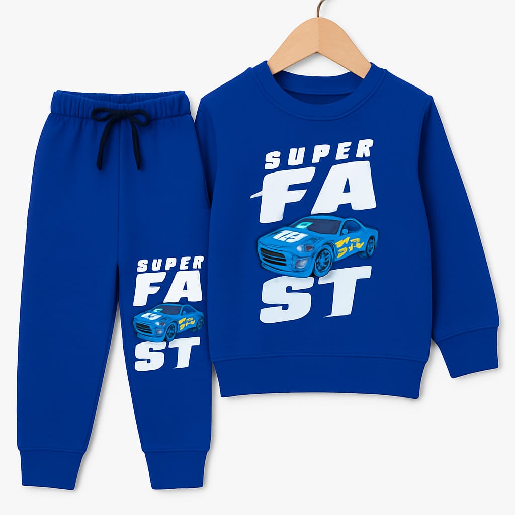 Kids “Super Fast” Blue Car Tracksuit Set (Ages 1–12 Years) — Sweatshirt