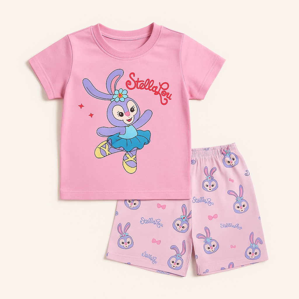 Adorable Pink Cartoon Fox Shirt & Shorts Set for Girls (1–5Y)
