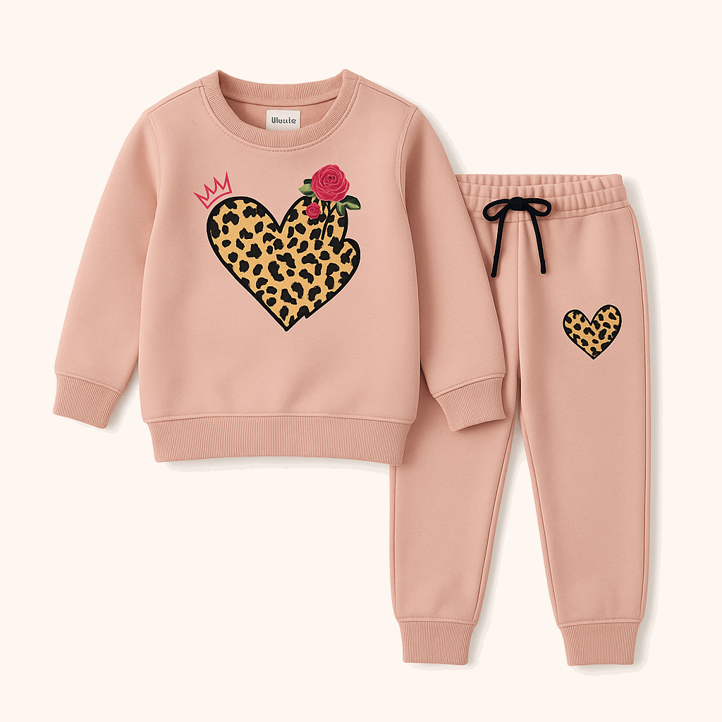 LilCubs Girls' Fleece Tracksuit – Leopard Heart & Rose Design (Size 1-10 Years)