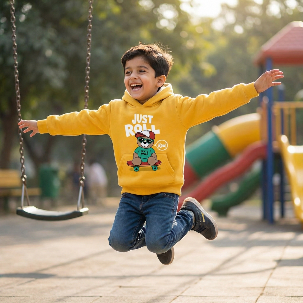 Yellow Fleece Bear Print Hoodie