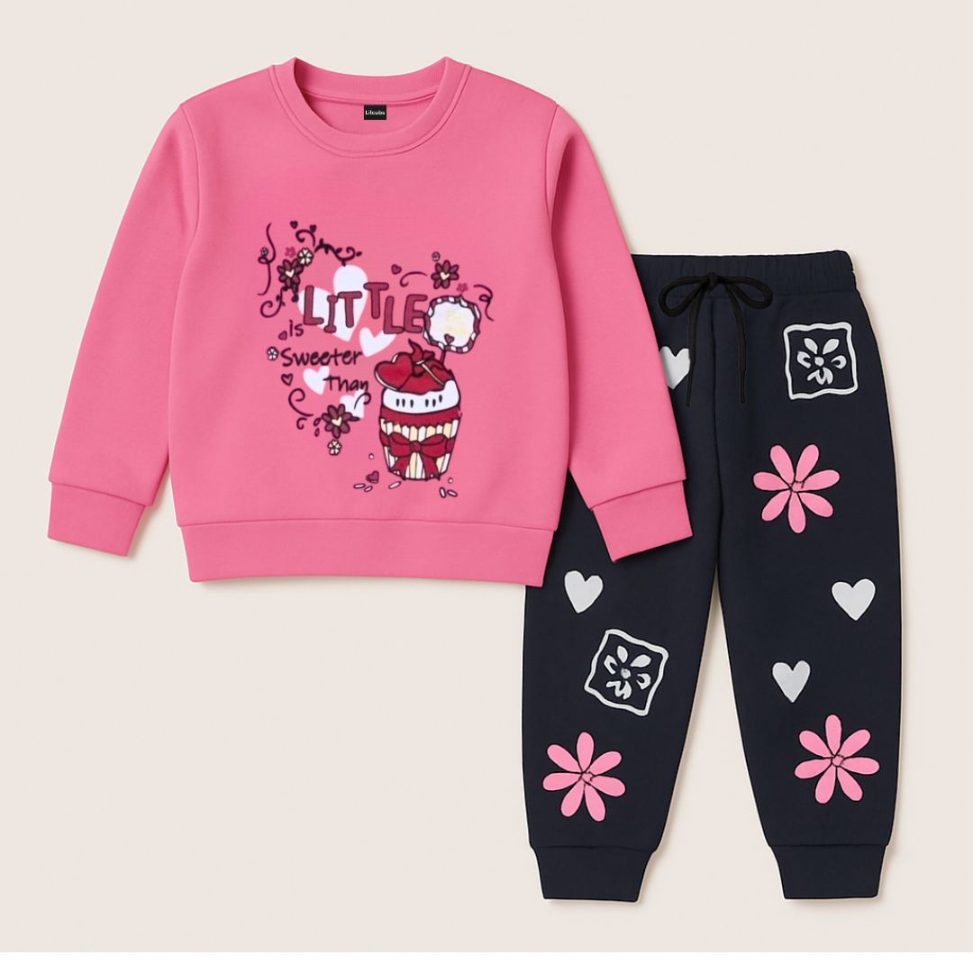 Girls Pink Cupcake Printed Sweatshirt & Black Jogger Set – Fleece Tracksuit (1–12 Years)