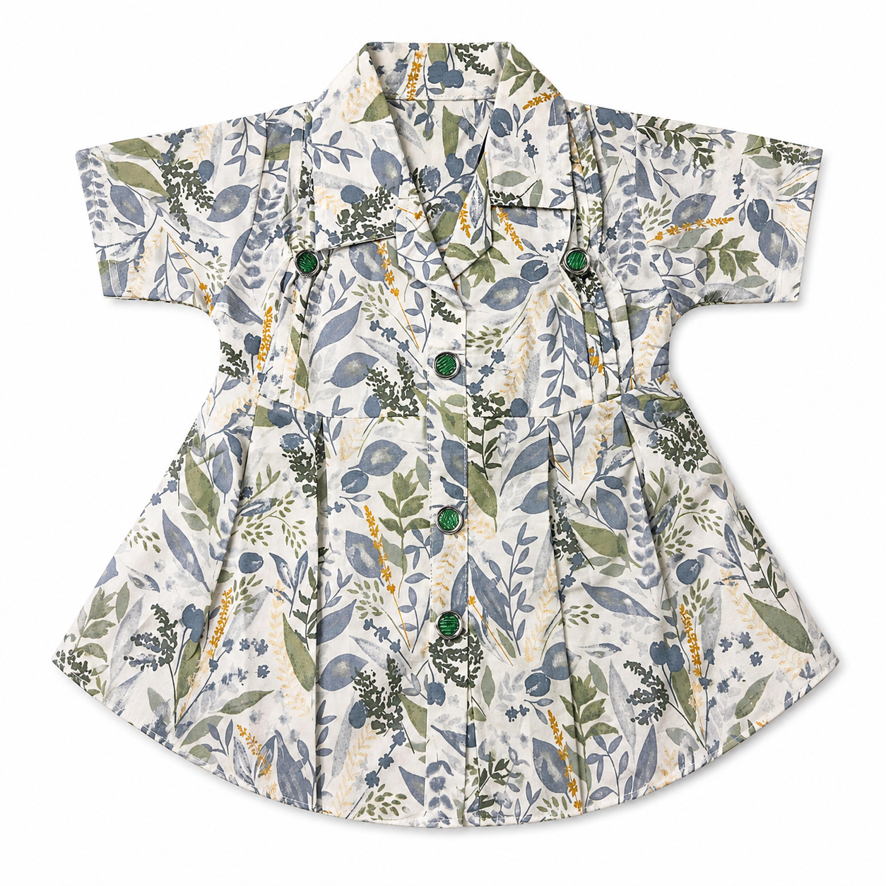 Girls floral frock white with green buttons - soft summer dress for girls - Lil Cubs Pakistan kidswear