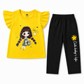 Girls yellow cartoon character t-shirt with black trousers coord set - cute kids outfit Pakistan - Lil Cubs