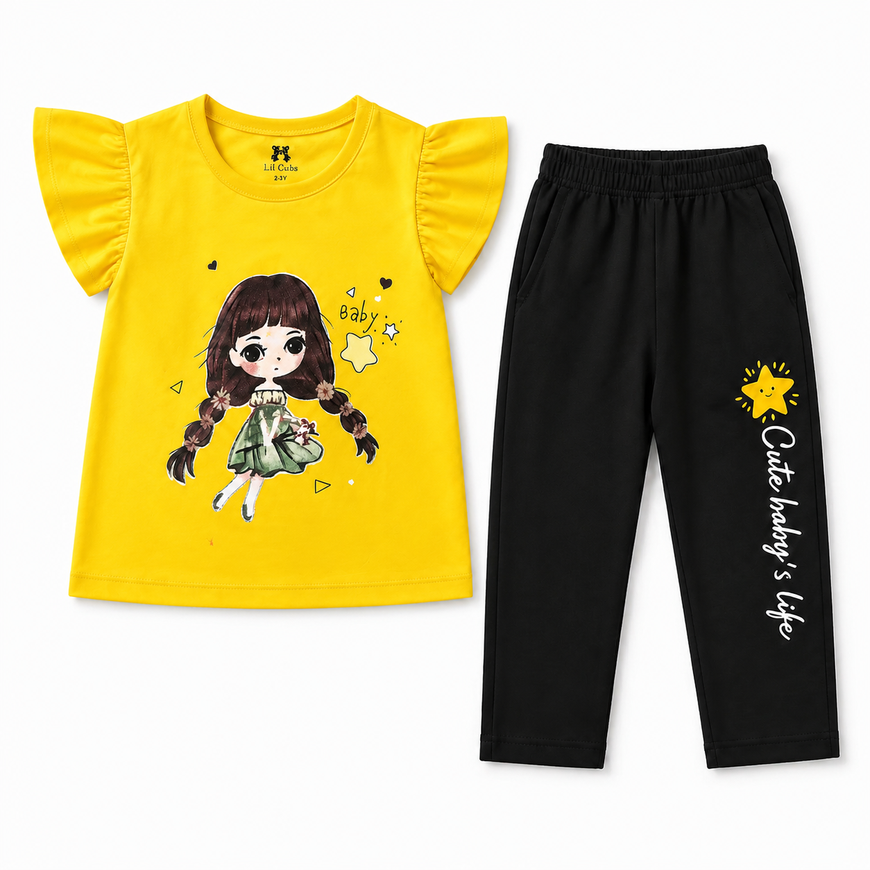 Girls yellow cartoon character t-shirt with black trousers coord set - cute kids outfit Pakistan - Lil Cubs