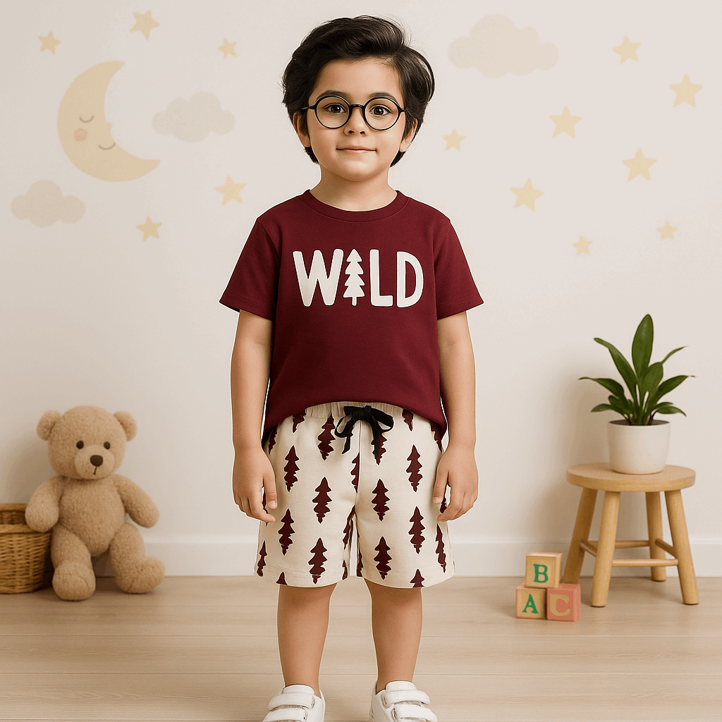 Boys “WILD” Graphic Two-Piece Summer Set – Maroon T-Shirt & Printed Shorts