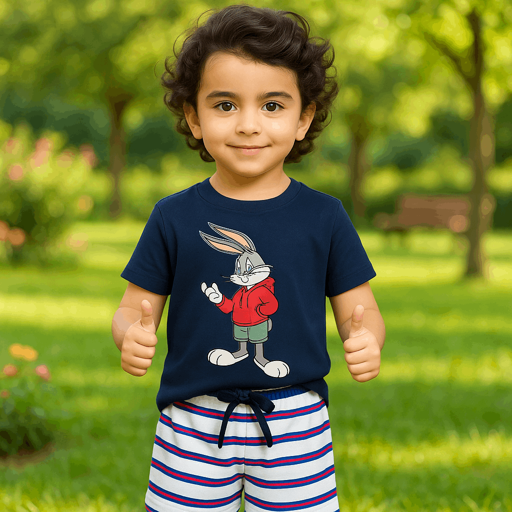 Boys Cartoon Two-Piece Summer Set – Navy Bunny Tee & Striped Shorts