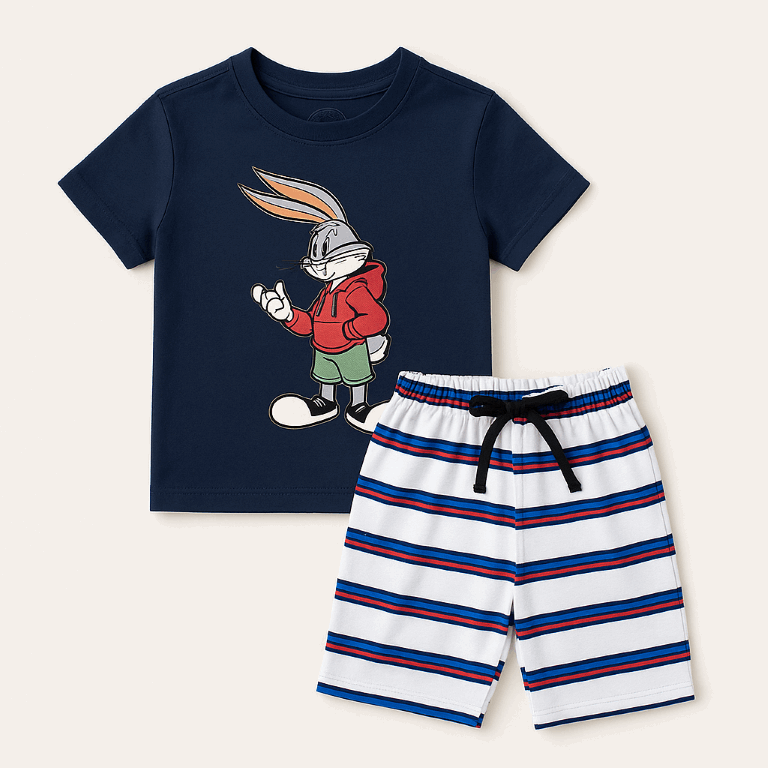 Boys Cartoon Two-Piece Summer Set – Navy Bunny Tee & Striped Shorts