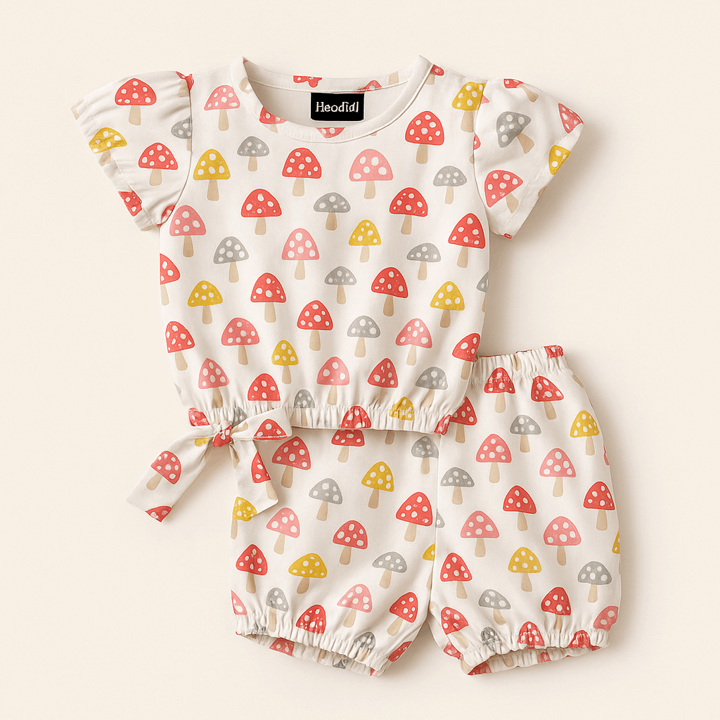 Mushroom Cotton Baby Girl Set – 2-Piece Top & Shorts (3M–3Y)