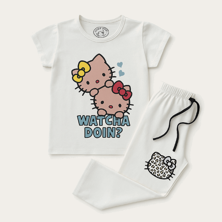 White two-piece cartoon set for girls – Watcha Doin? print – ages 1 to 12 years