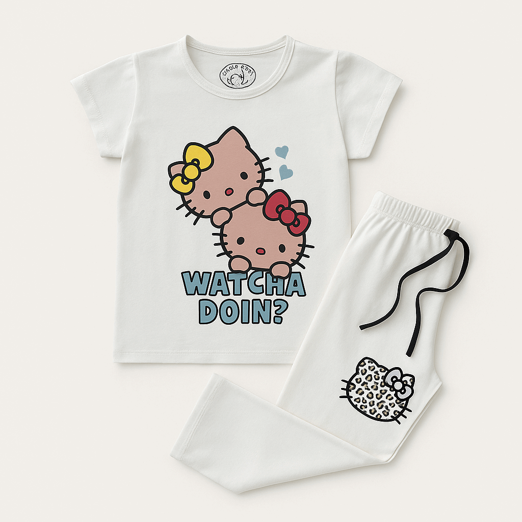 Girls White Two-Piece Cartoon Set – “Watcha Doin?” Print