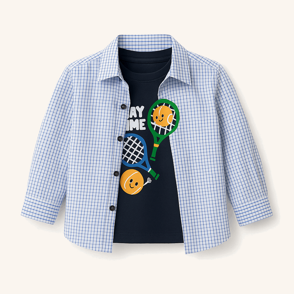 Boys Double Shirt Layered Set – Blue Check Overlayer + Navy Inner (1–10Y)