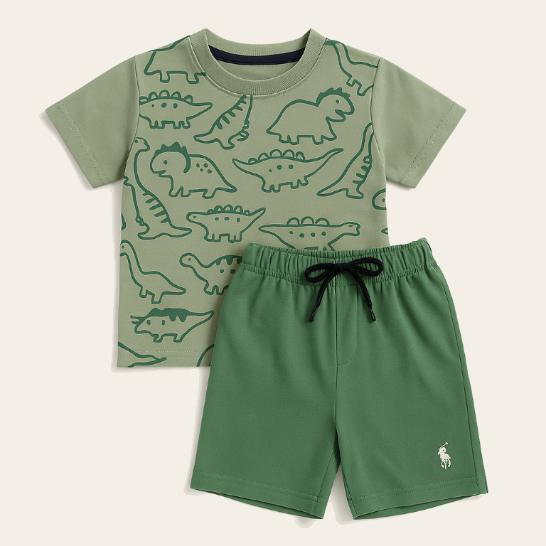 Boys Dinosaur Print Two-Piece Summer Set – Green Cotton Coord | Ages 1–12 Years